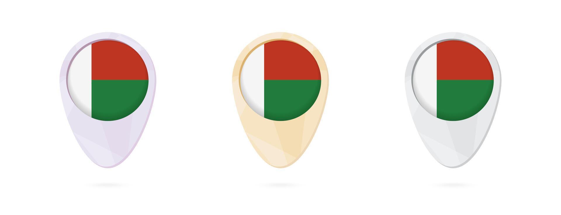 Map markers with flag of Madagascar, 3 color versions. vector