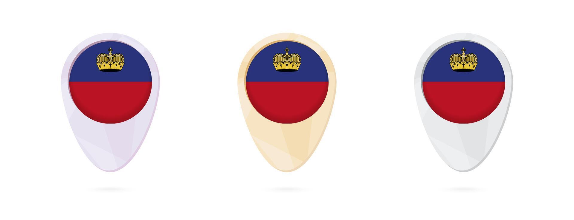 Map markers with flag of Liechtenstein, 3 color versions. vector
