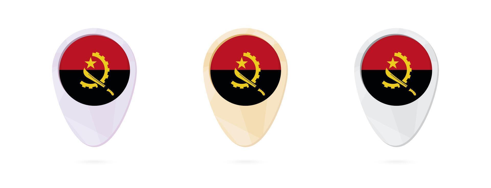 Map markers with flag of Angola, 3 color versions. vector