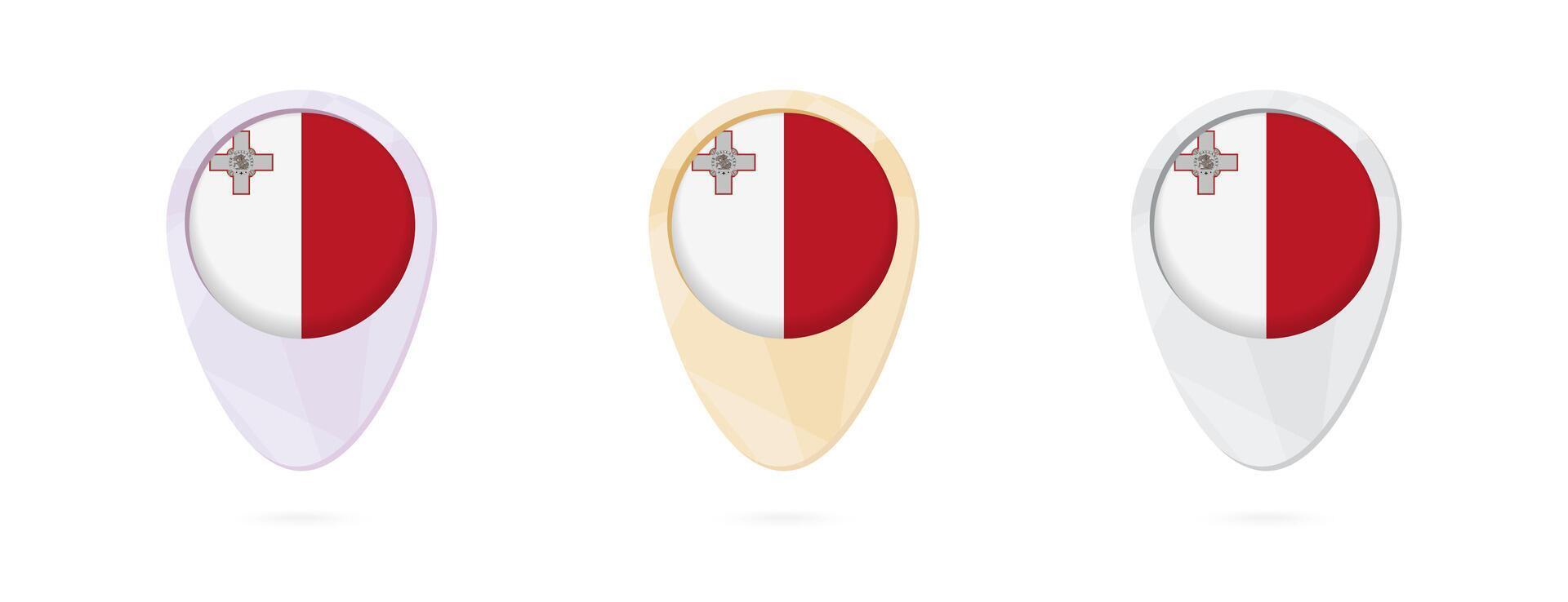 Map markers with flag of Malta, 3 color versions. vector