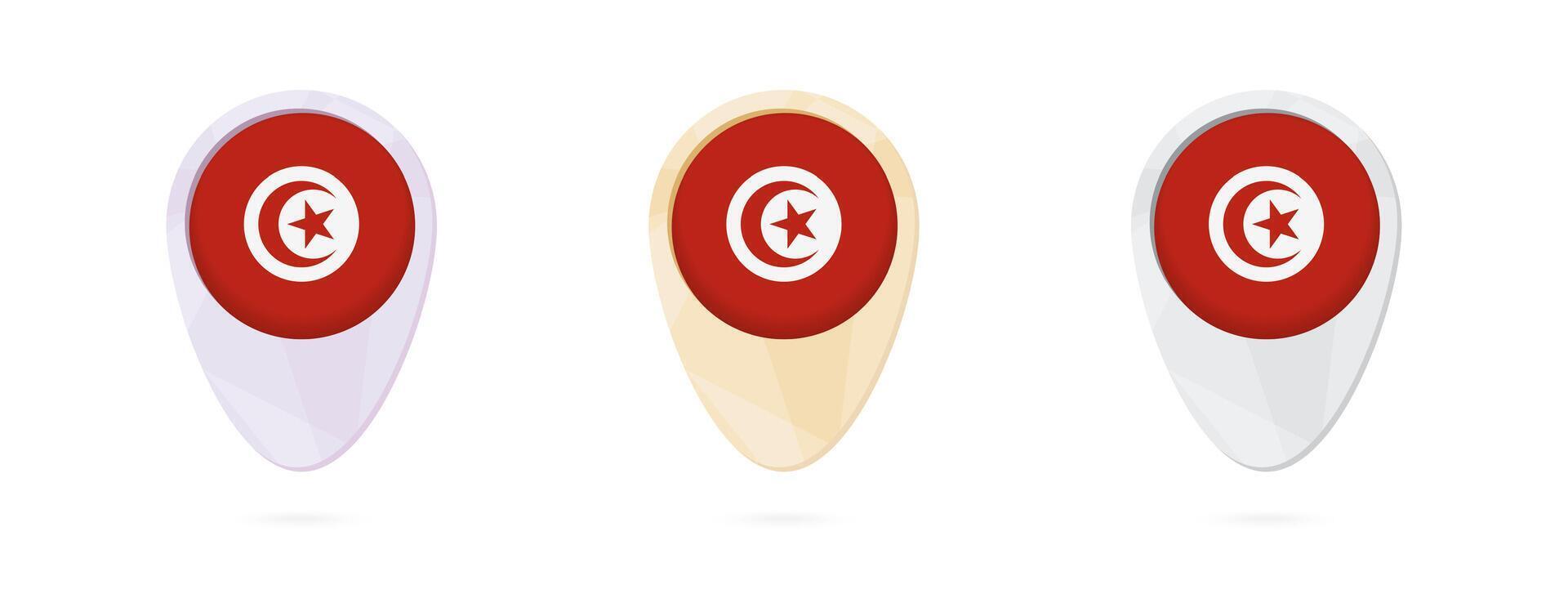 Map markers with flag of Tunisia, 3 color versions. vector
