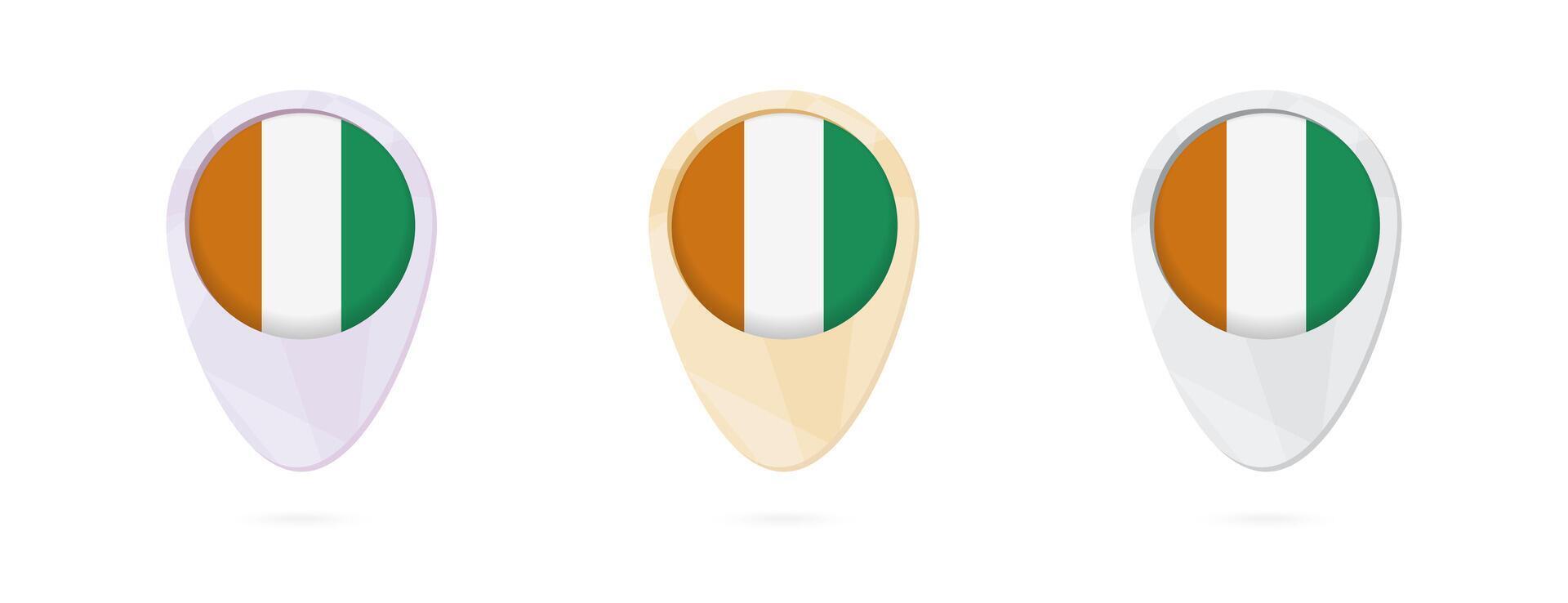 Map markers with flag of Cote dIvoire, 3 color versions. vector