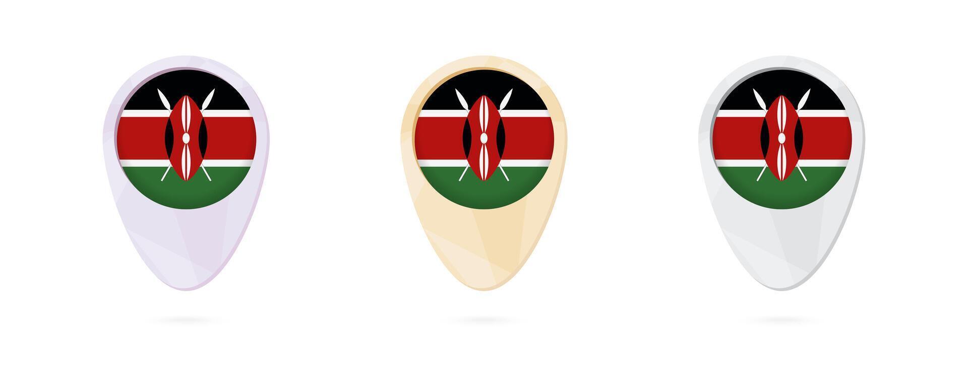 Map markers with flag of Kenya, 3 color versions. vector