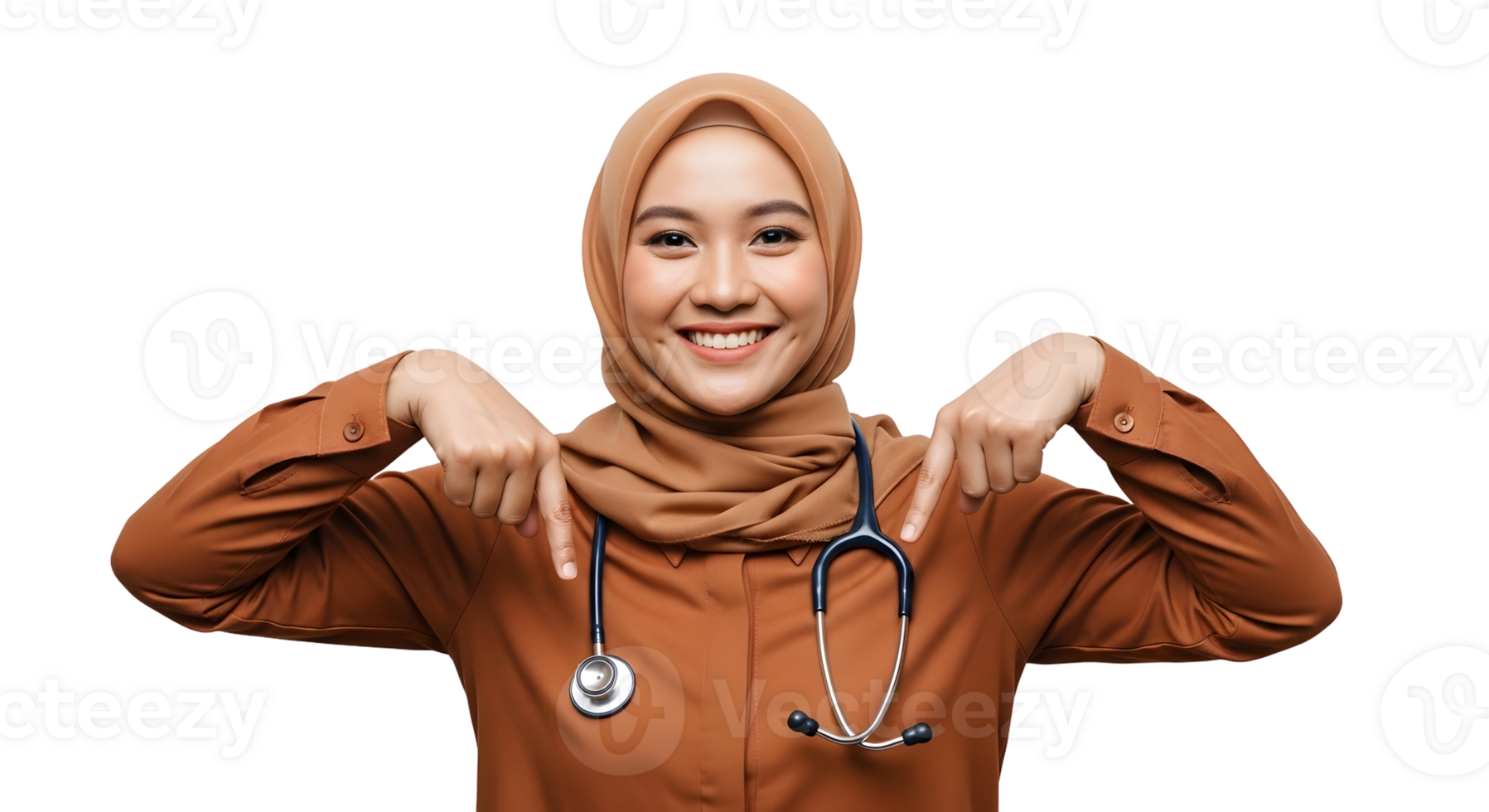 Friendly woman doctor pointing downwards png
