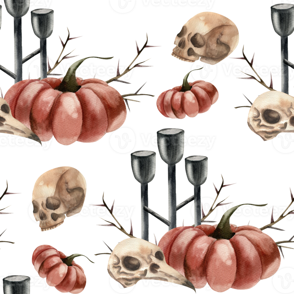 Halloween decor elements and human skull watercolor seamless pattern.Autumn pumpkin,gothic candle sticks, raven skull and thorns background for october festive packing,textile,fabric design png