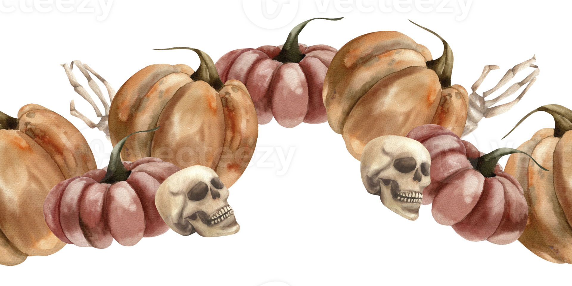 Halloween scary gothic seamless border with colorful pumpkins,human skull and bones watercolor illustration. Isolated Autumn banner for Mexican dead day,scary festive witchy decor,wallpaper design png