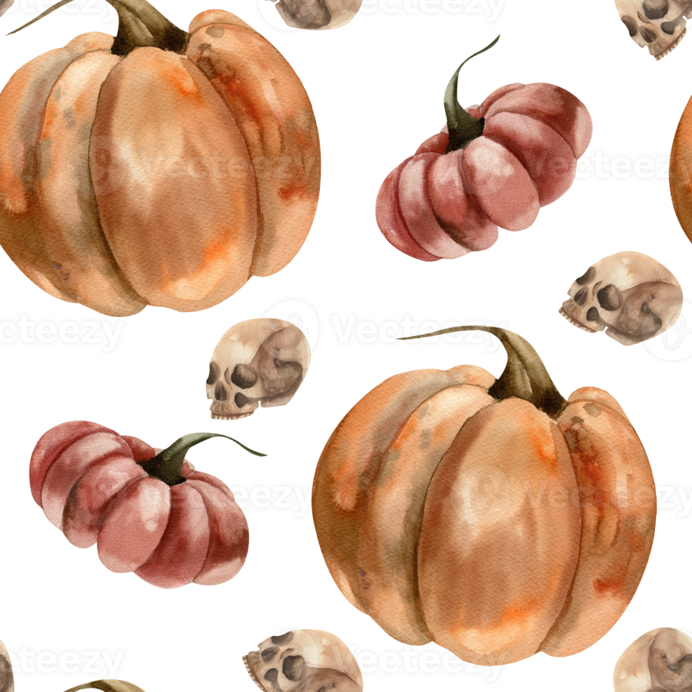 Autumn October festive seamless pattern for textile. Fall colorful pumpkins and human skull watercolor illustration in gothic Halloween background for fabric,packing,wallpaper design png
