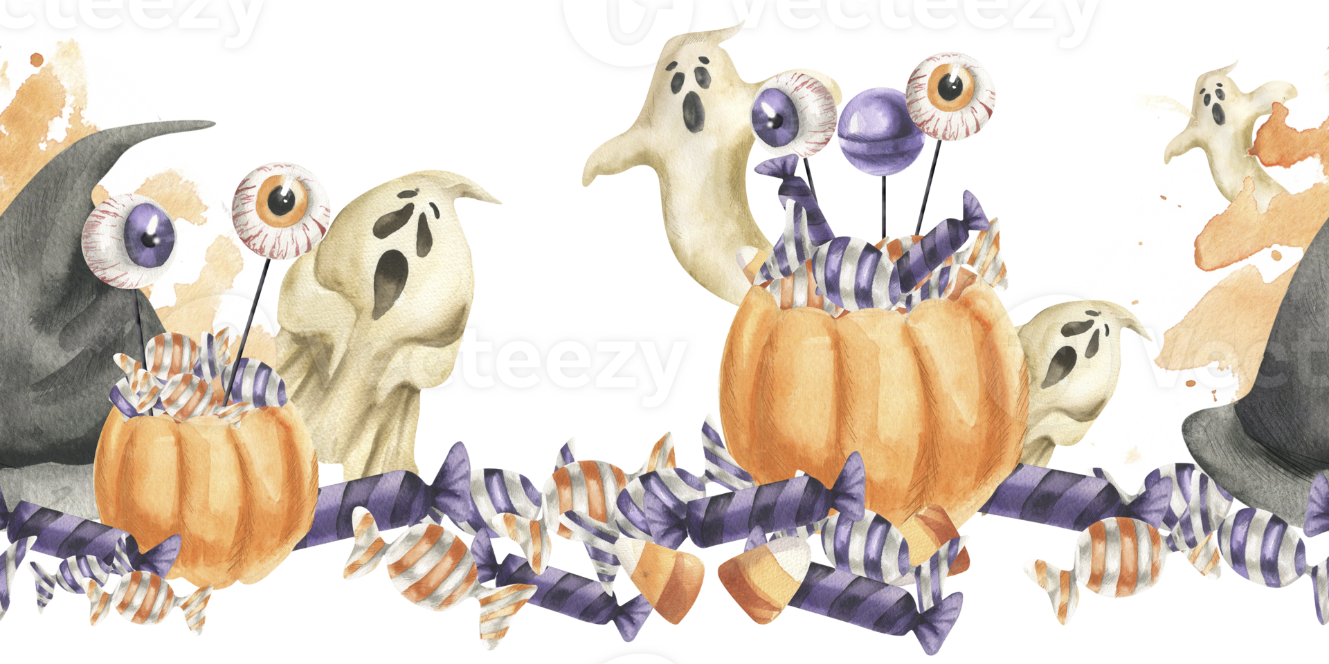 Halloween purple and orange sweets, scary ghosts, witch black hat, jelly eyes watercolor seamless border. Hand drawn banner for kid's trick or treat party,October festive packing,textile design png