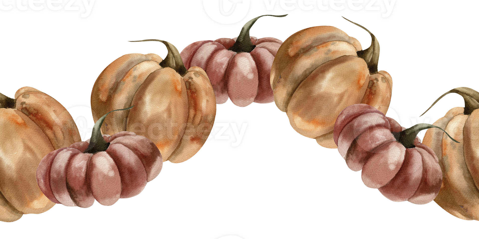 Autumn foliage seamless border with colorful watercolor pumpkin illustrations. Hand drawn orange and red harvest season vegetables,fall nutrition food banner for packing,invitation,poster design png