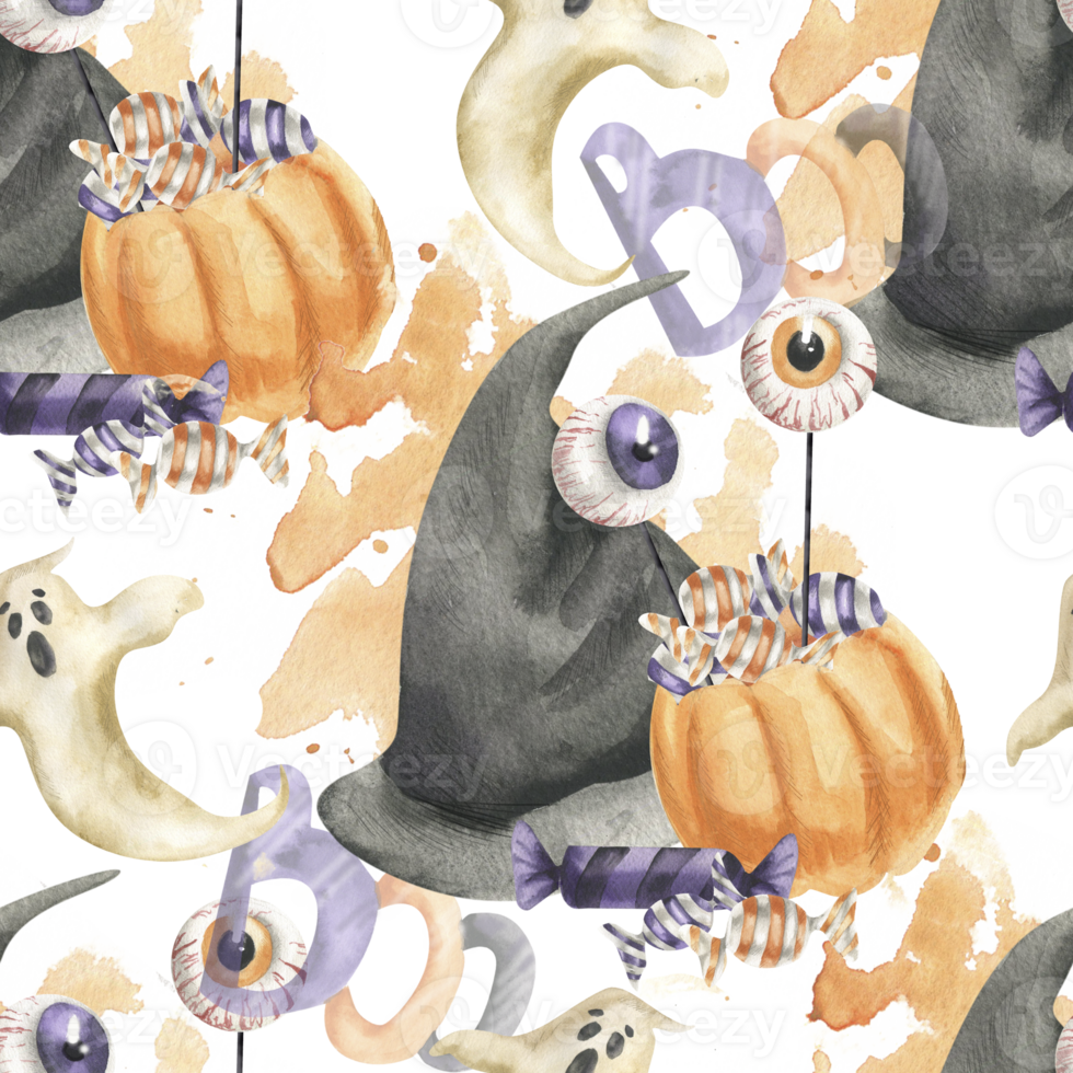 Halloween watercolor seamless pattern for kid's textile. Witch black hat,pumpkin bucket with jelly eye and candies, ghosts illustrations on repeated background for trick or treat party fabric design png