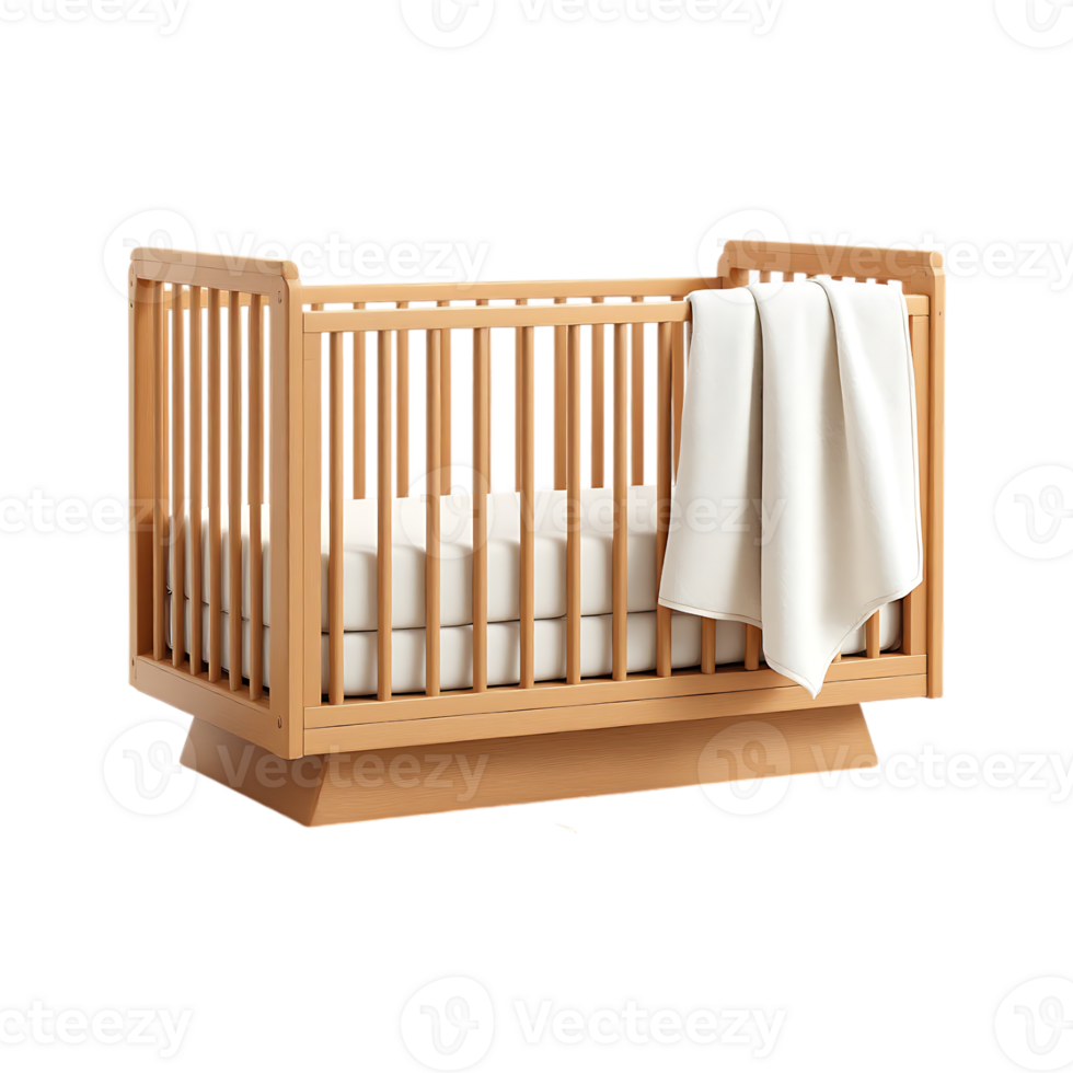 Wooden baby crib with white blanket. Nursery furniture. png
