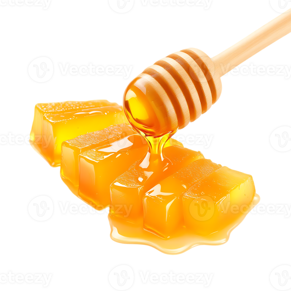 Honey dripping onto delicious honey cubes png