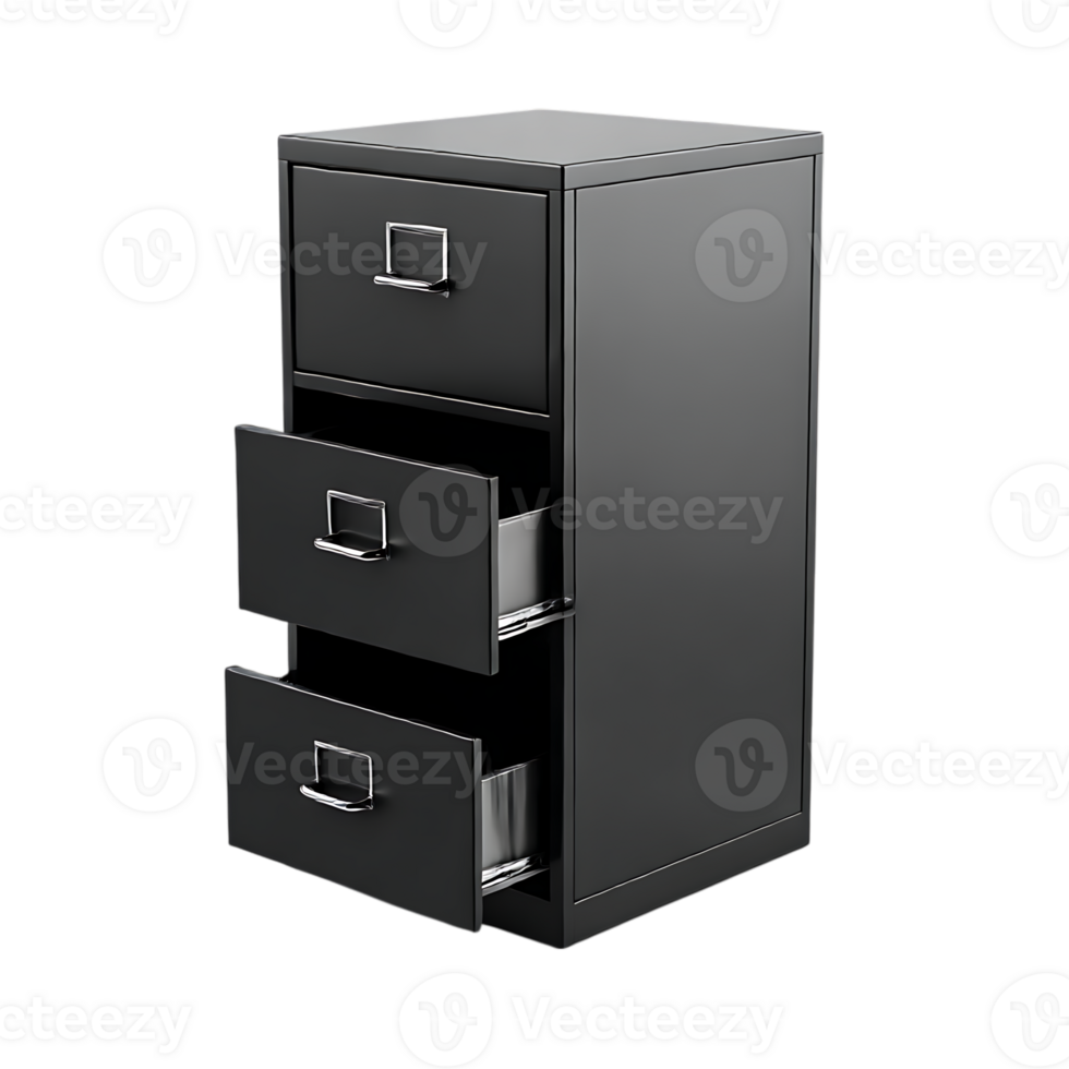 Black metal filing cabinet with drawers open. png
