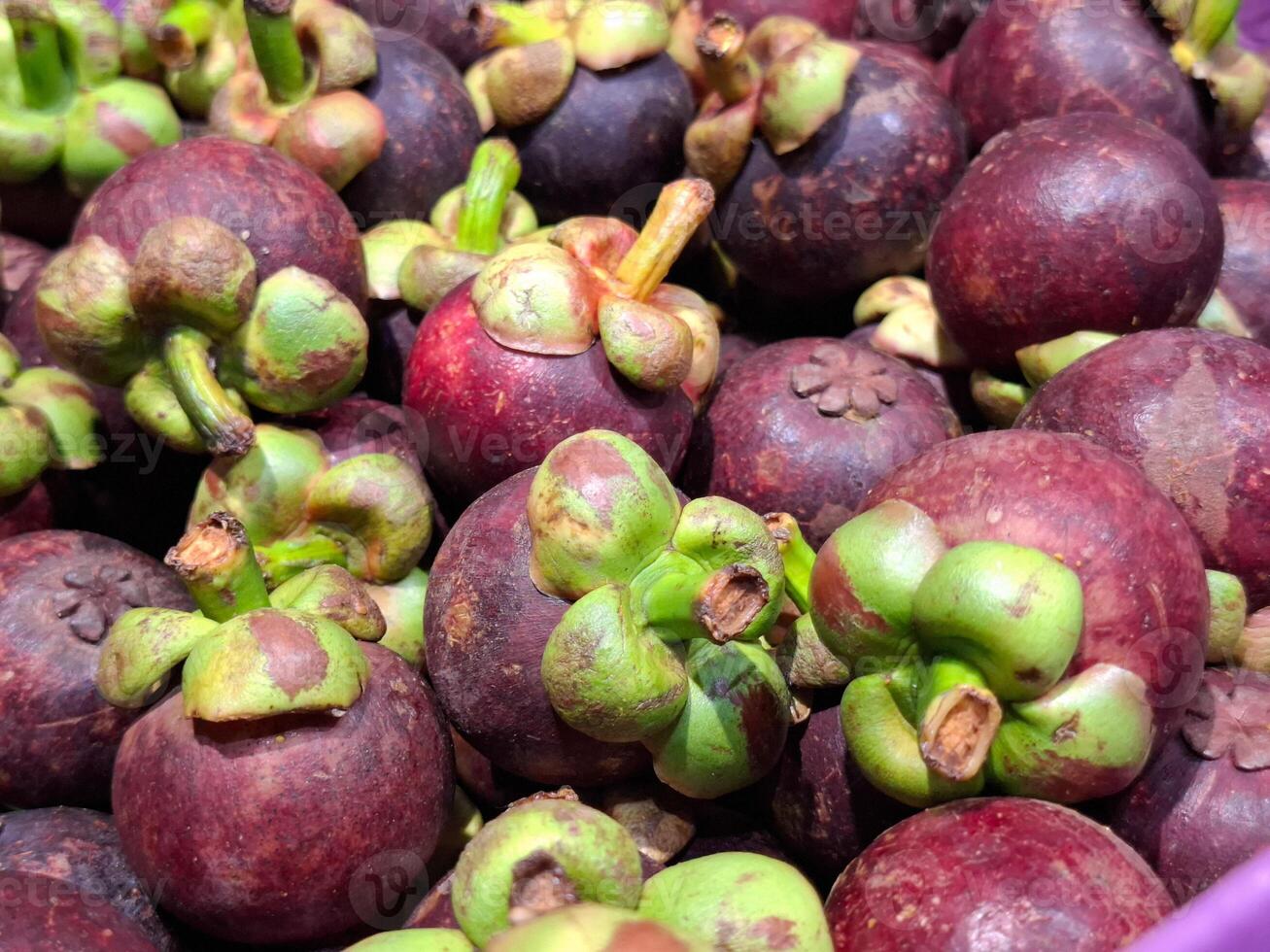 A bountiful display of deep purple mangosteen fruits with fresh green calyxes photo