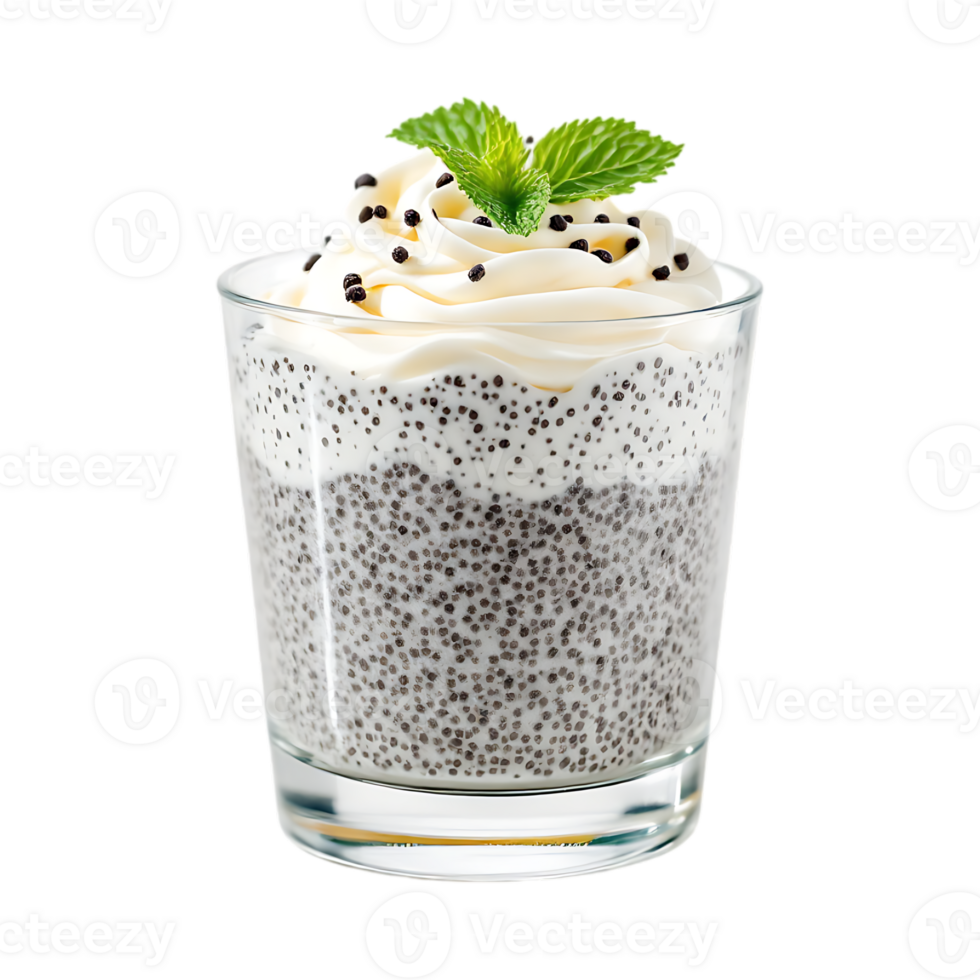 Chia seed pudding with whipped cream and mint. png