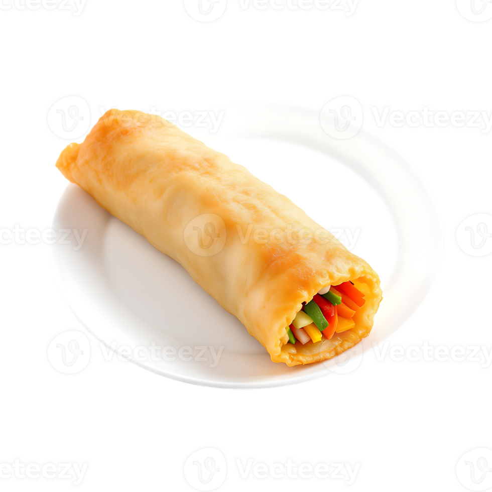 Single vegetable spring roll on a white plate. png