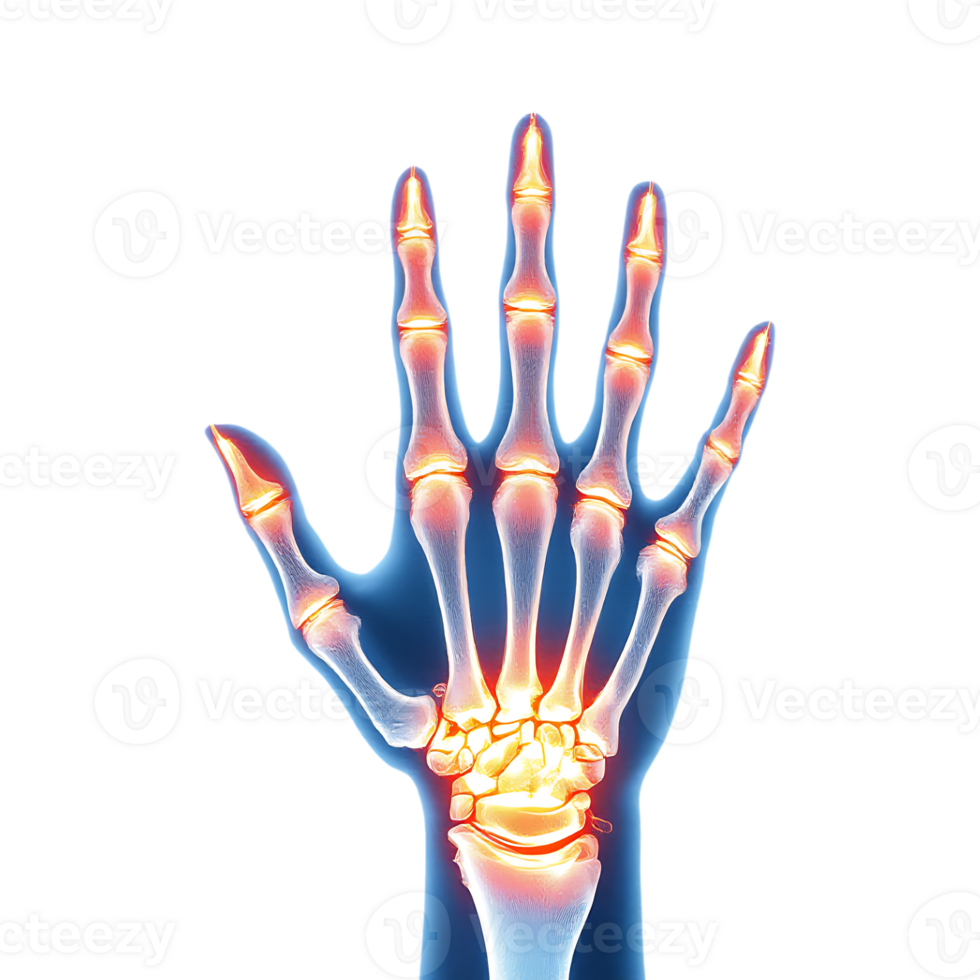 X ray of a human hand with highlighted joints. png