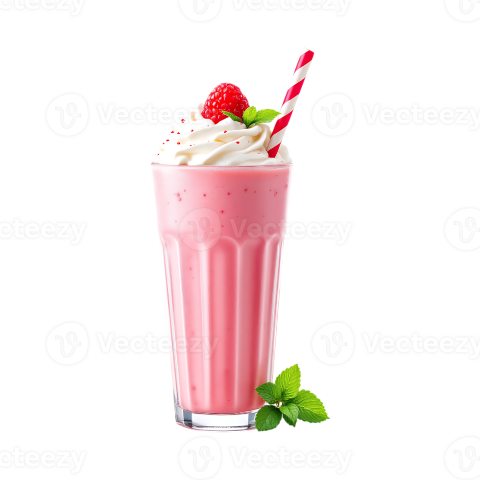 Delicious strawberry milkshake with whipped cream and a red and white straw. png