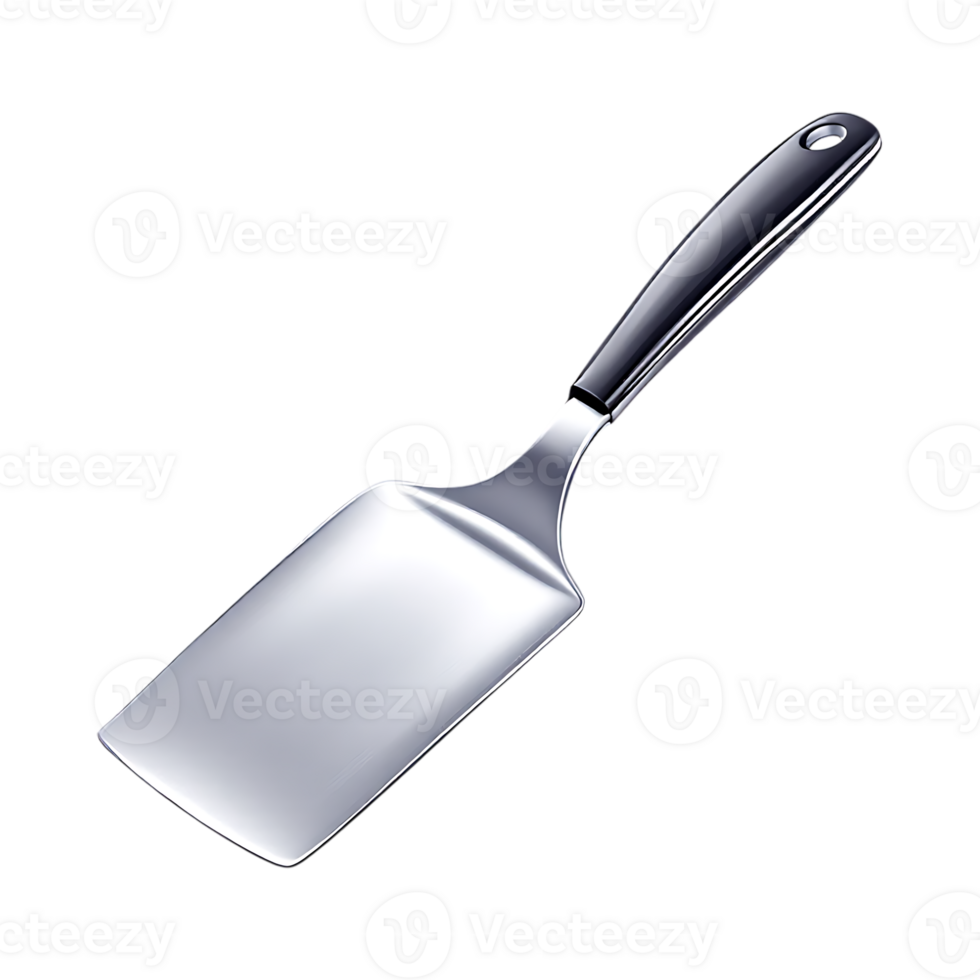 Stainless steel spatula with black handle, kitchen utensil. png