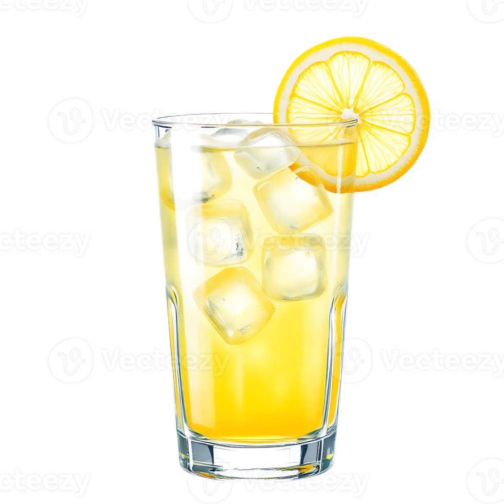 Refreshing lemonade drink with ice and lemon slice. png
