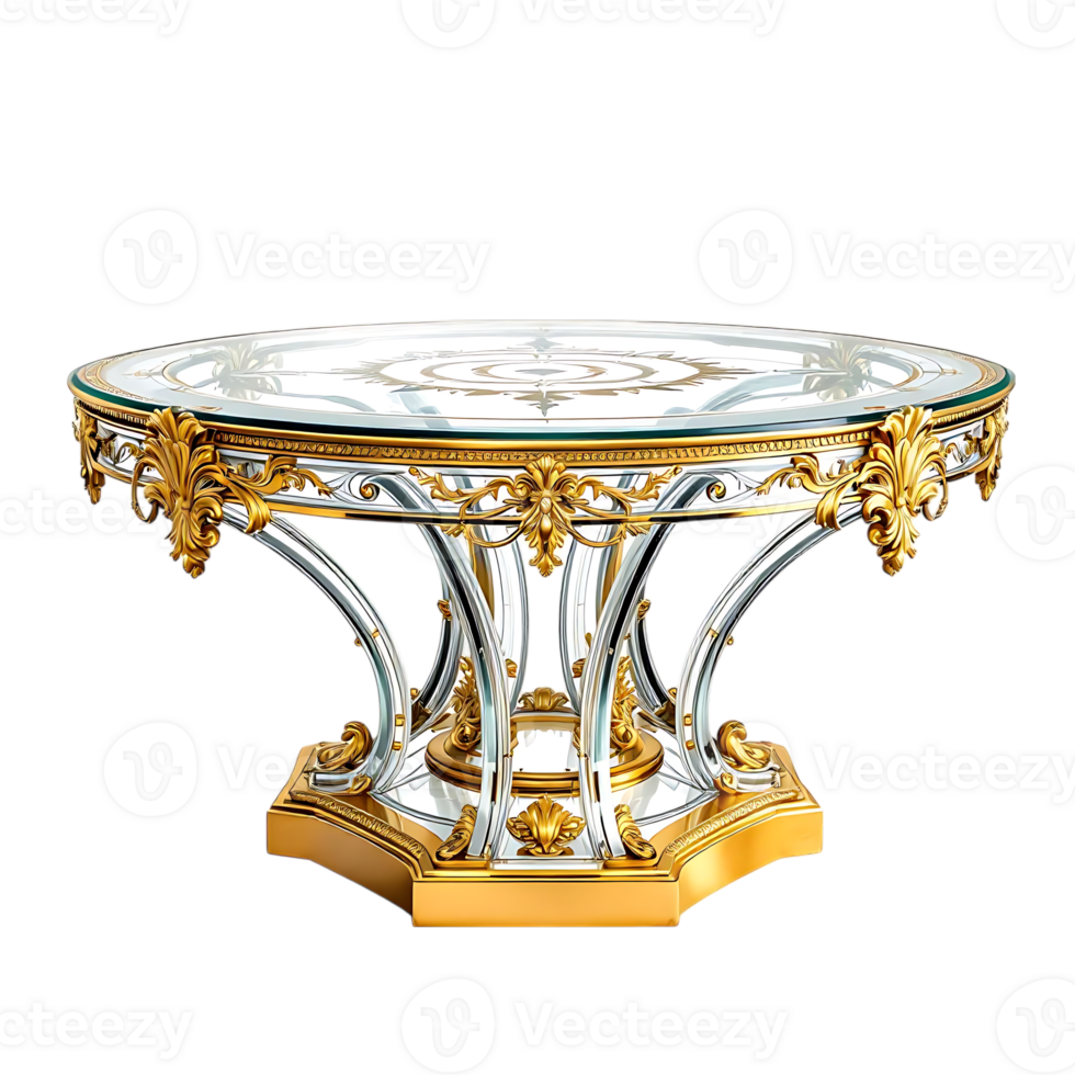 Luxury round glass dining table with gold and silver ornate base. png