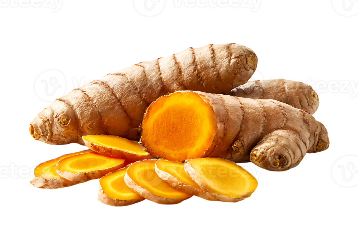 Fresh turmeric root, sliced and whole. Healthy spice. png
