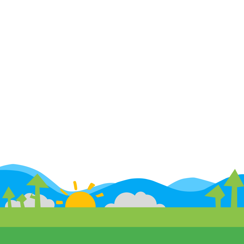 A cartoon illustration of a landscape with trees and sun png