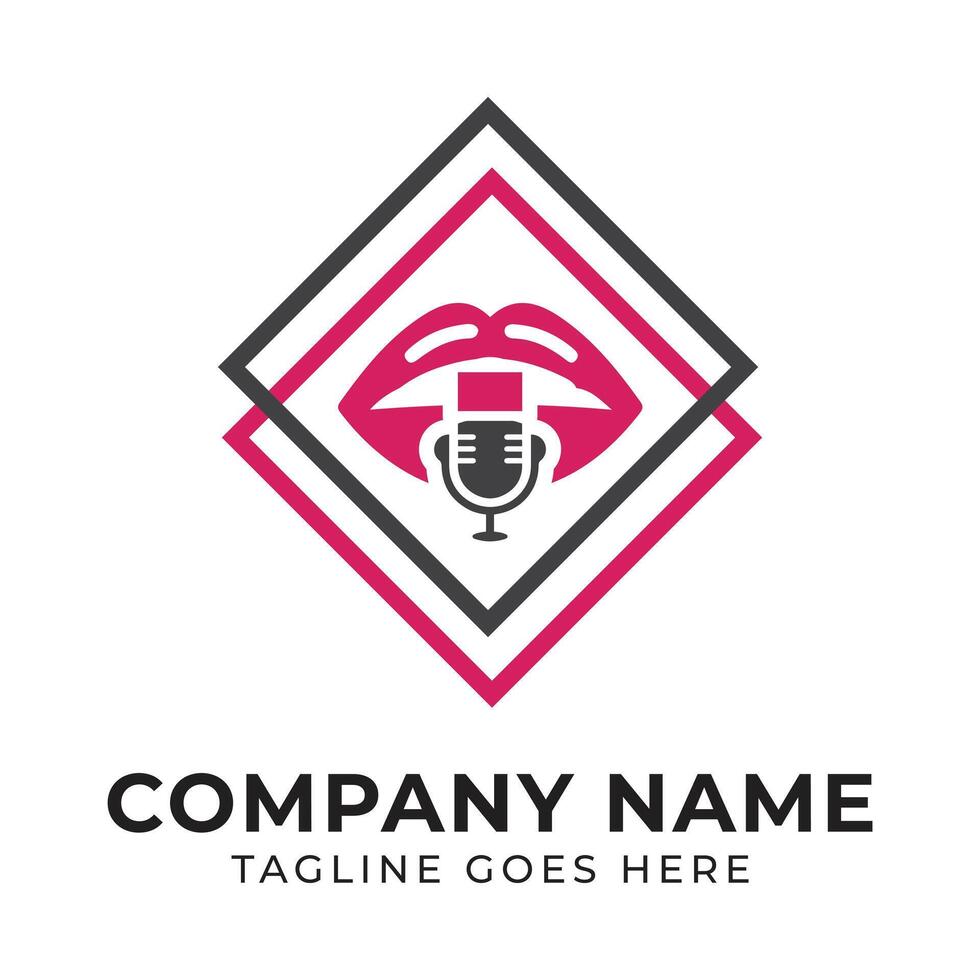 Modern Logo with Lips and Microphone in Geometric Diamond Frame for Podcast and Entertainment Brand vector