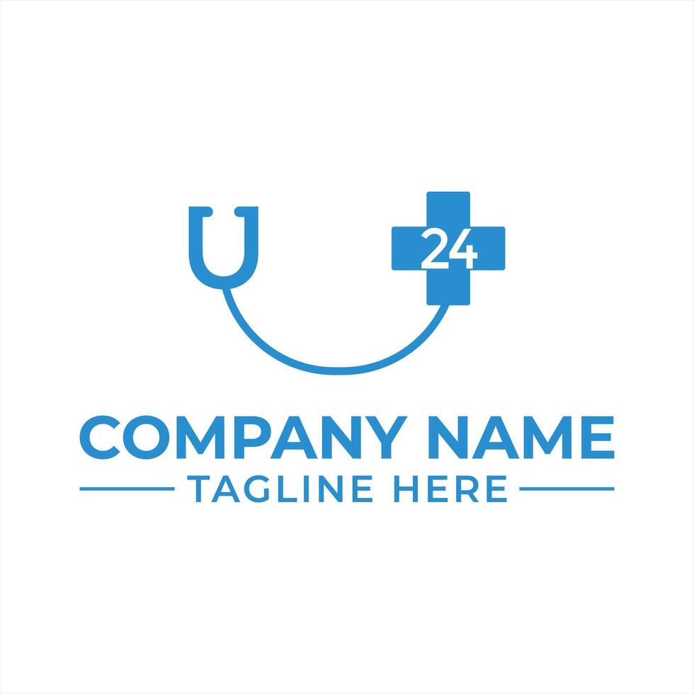 Modern Medical Logo Design Featuring Stethoscope and Cross Symbolizing 24 Hour Service Healthcare Clinic vector