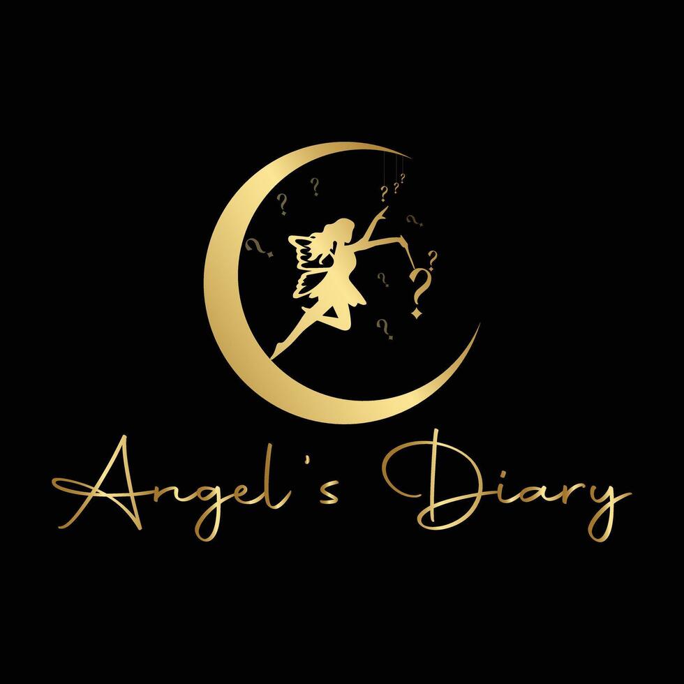 Golden Angel Silhouette Embracing a Crescent Moon with Question Marks Logo for Angel's Diary vector