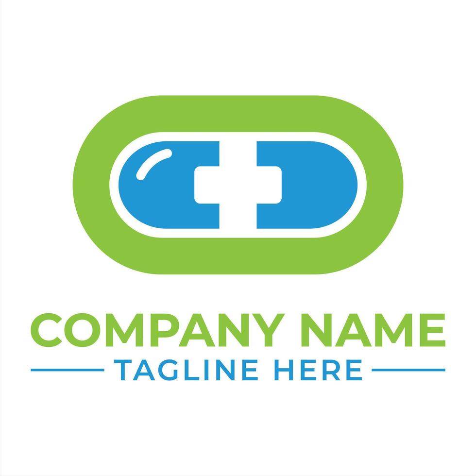 Creative Pharmaceutical Logo Design with Green Capsule and Blue Medical Cross Emblem for Modern Healthcare Brand Identity vector