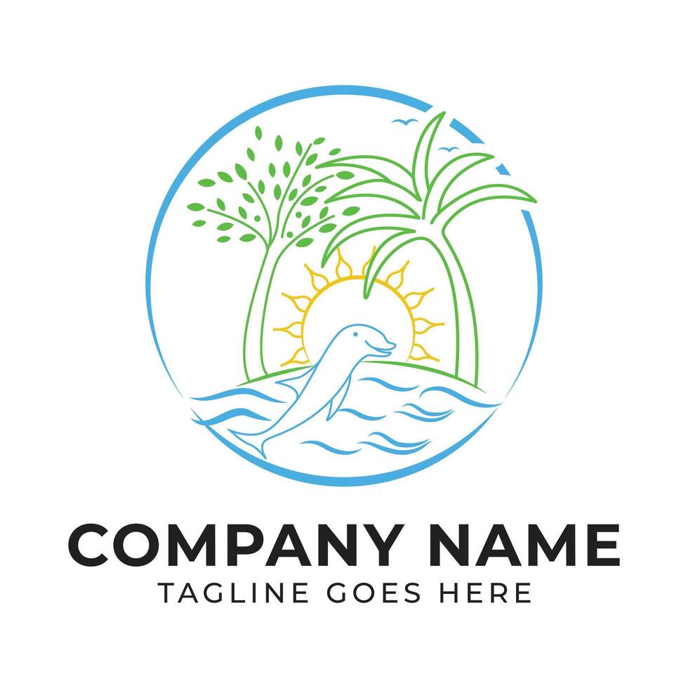 Tropical Paradise Logo Design Featuring Dolphin Sun and Palm Trees Evoking Serenity and Nature Connection for Travel Branding vector