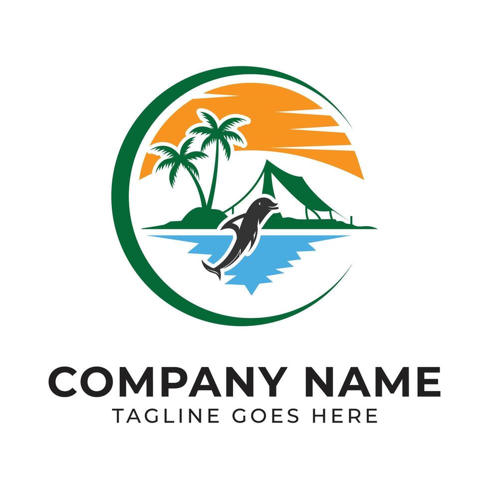 Island Adventure Logo Featuring Dolphin Palm Trees and Sunset Circular Design for Travel Tourism and Outdoor Recreation vector