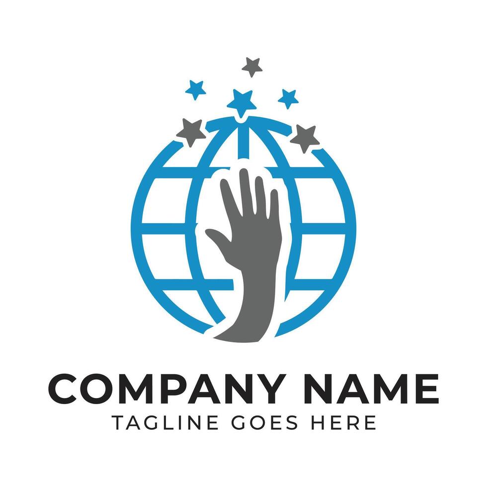 Global Reach with Human Touch A Logo Design Featuring Hand Silhouette Stars and Interconnected World vector