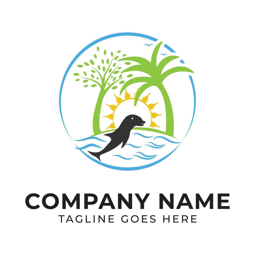Tropical Island Logo Design Featuring Dolphin Palm Trees and Sun Creative and Eye Catching Logo for Travel or Tourism Industry vector