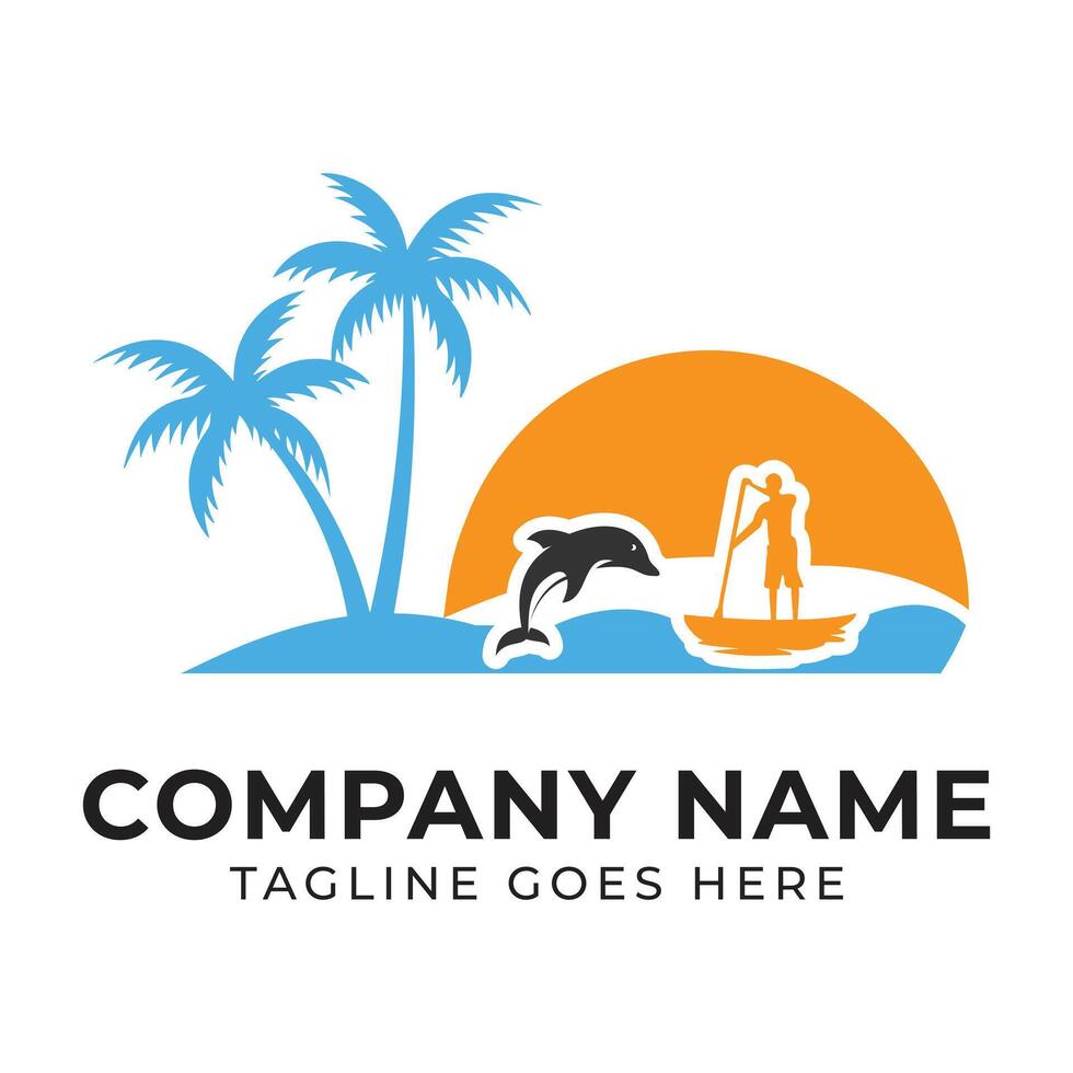 Vibrant Beach Logo Depicting Palm Trees, Dolphin, Paddle Boarder, and Sunset for a Coastal Brand vector