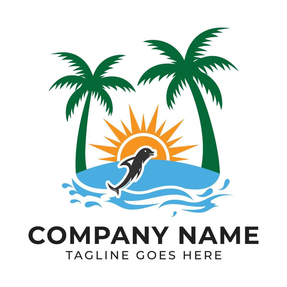 Tropical Paradise Logo Featuring a Dolphin, Palm Trees, a Sun, and Ocean Waves with Customizable Text Areas vector
