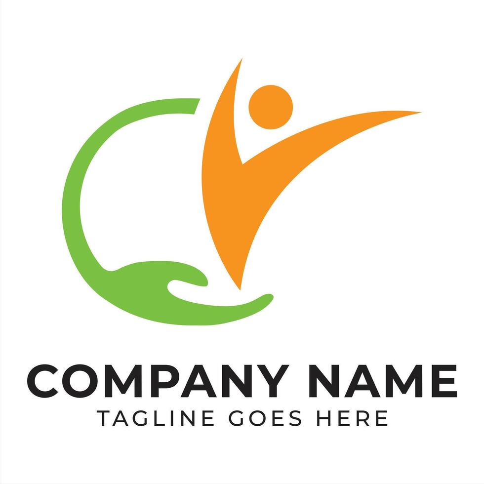 Empowering Healthcare Logo Depicting Support and Vitality with Green Hand and Joyful Orange Figure Celebrating Wellbeing vector