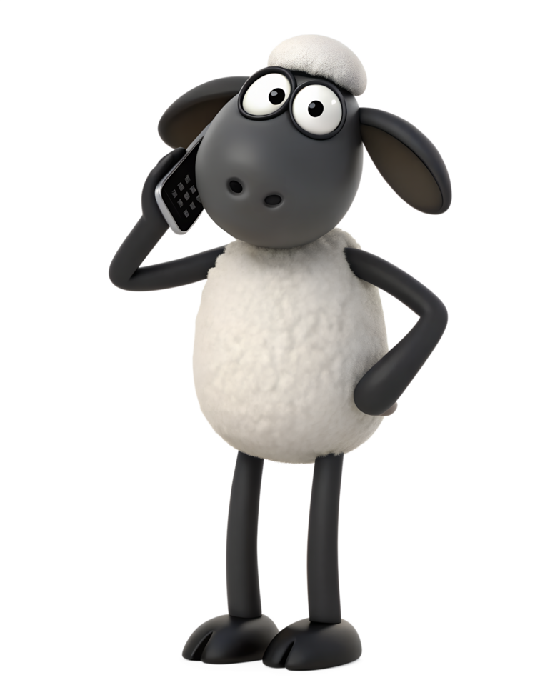 3D, A shaun the sheep is calling, isolated on a transparent background png