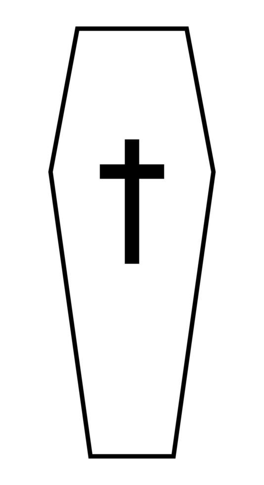 A coffin, black and white silhouette illustration of casket funerary box with cross, isolated on white vector