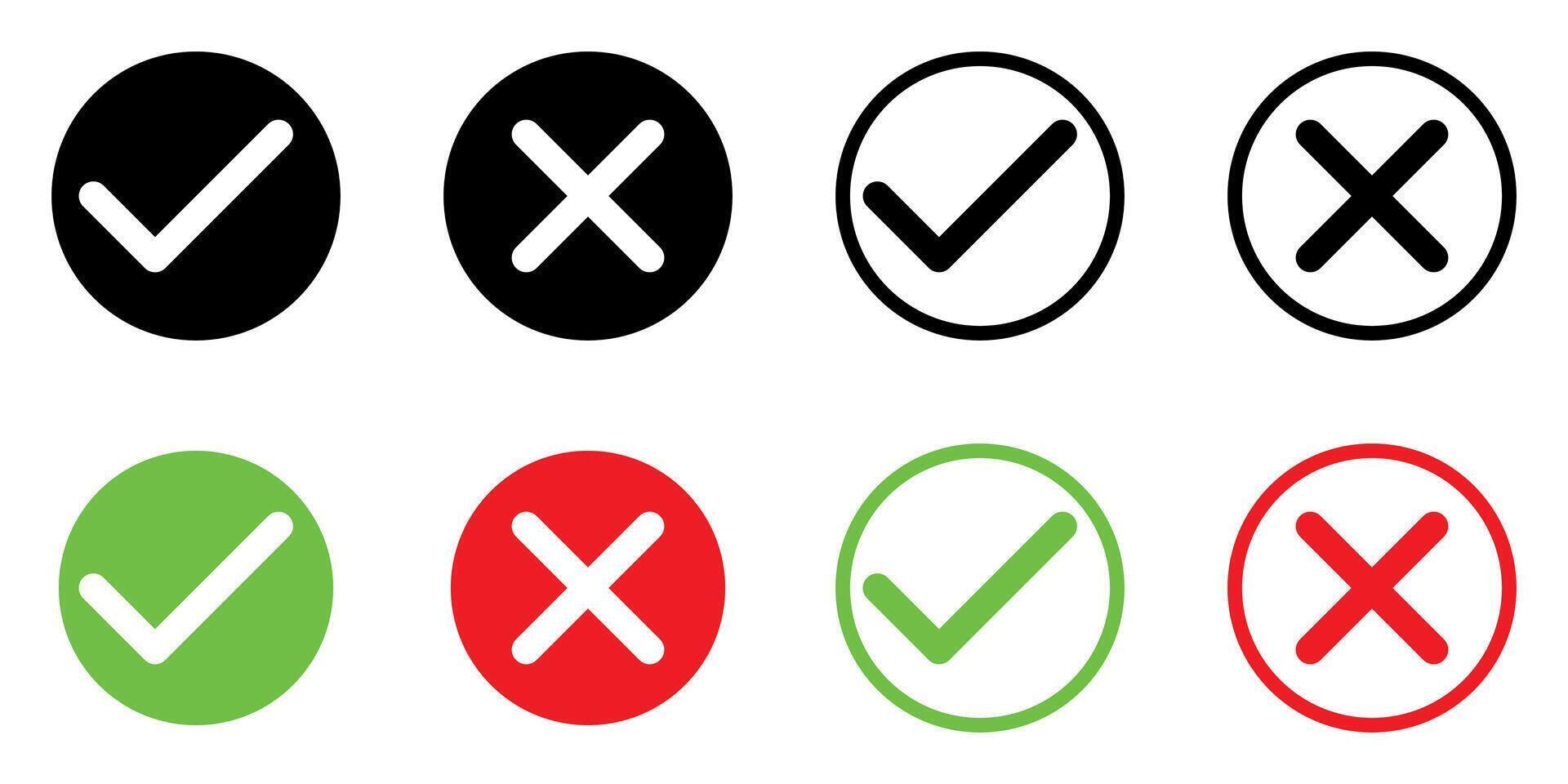 green tick and red x in circle, set of OK check mark and X cross icon symbol, illustration isolated on a white background vector