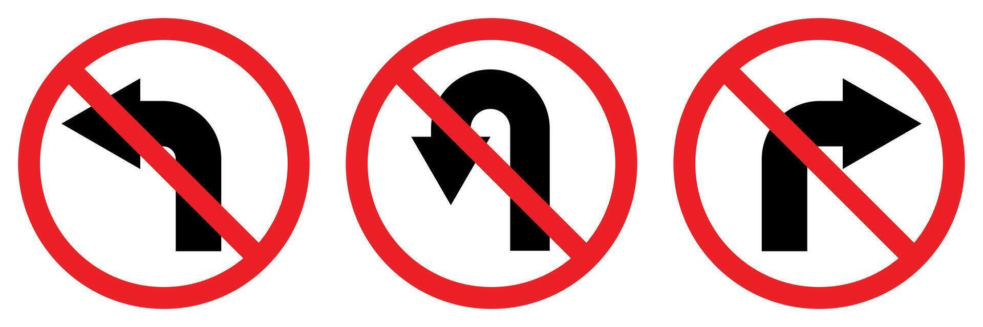 No left right and U turn sign symbol, prohibitory traffic sign, red crossed out circle symbol with arrow, set vector