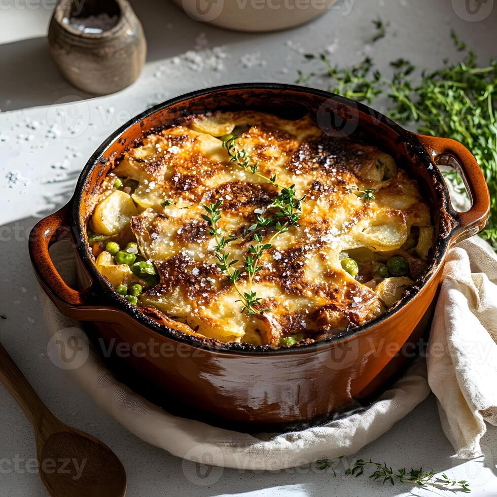 Vegetable gratin in a brown dish photo