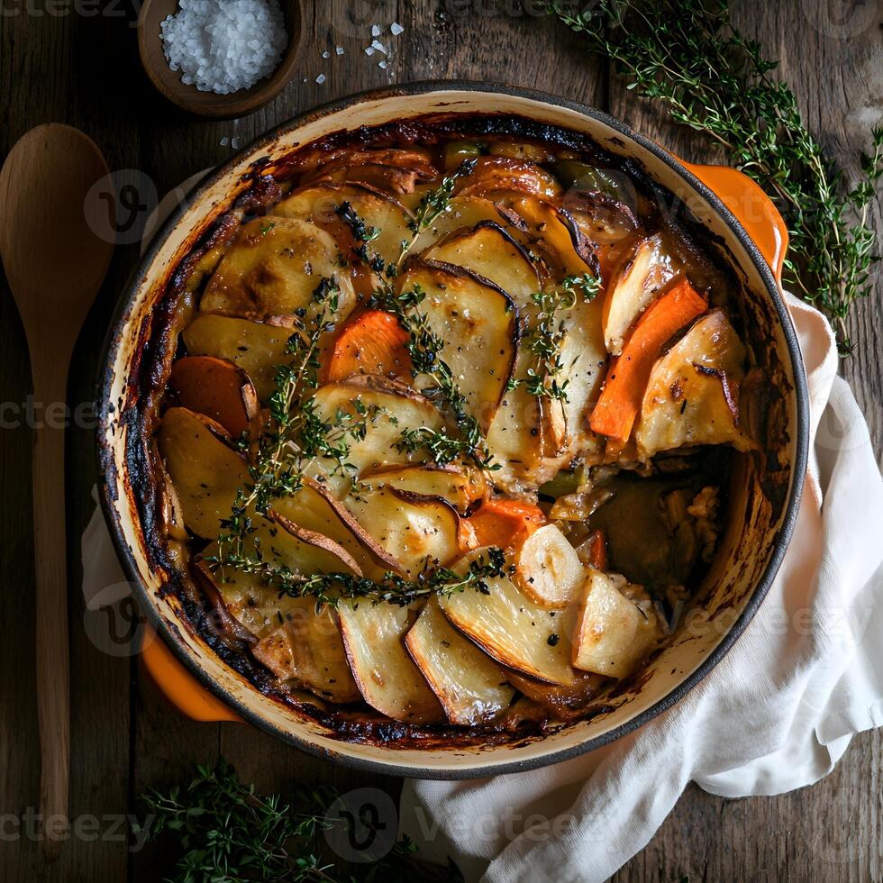 Vegetable gratin with potatoes and carrots photo