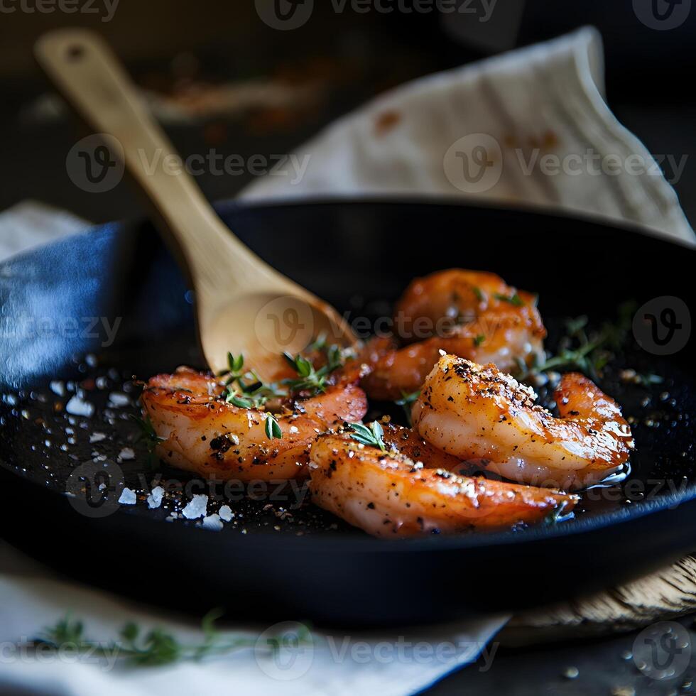 Garlic butter shrimp in cast iron skillet photo