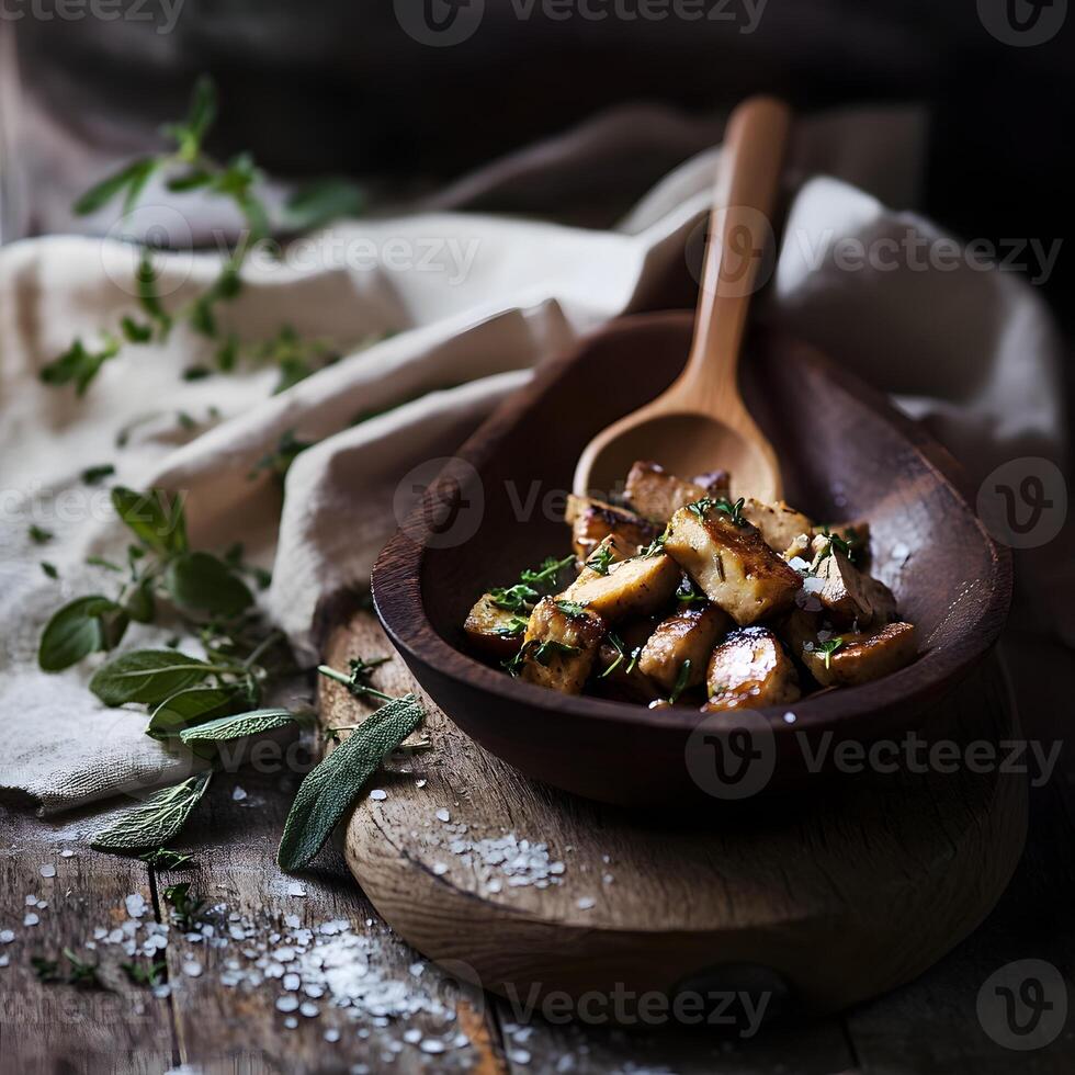 Grilled tofu with herbs in wooden bowl photo