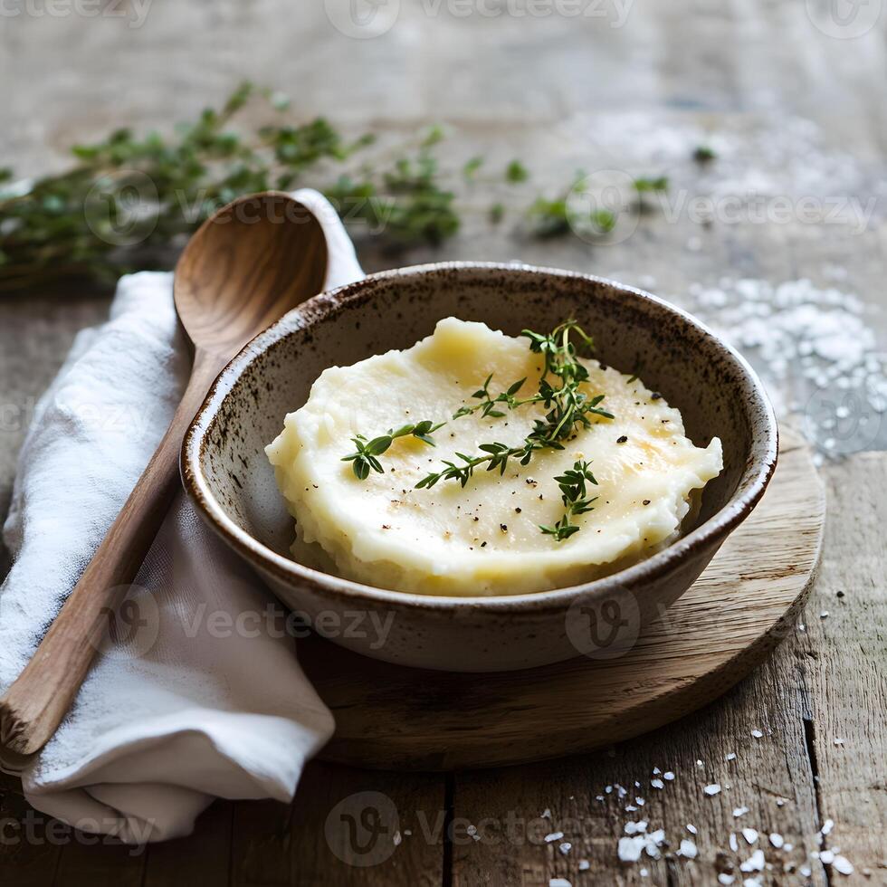 Creamy mashed potatoes with thyme garnish photo
