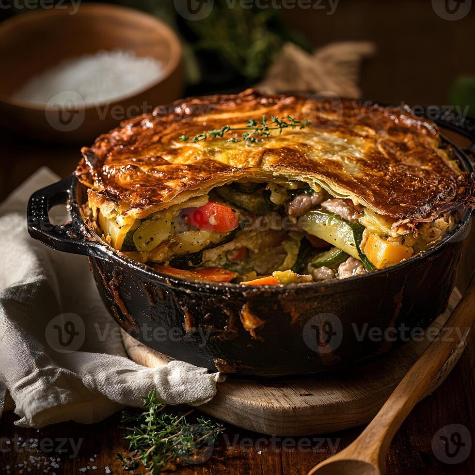 Vegetable casserole with meat and vegetables in a baking dish. photo