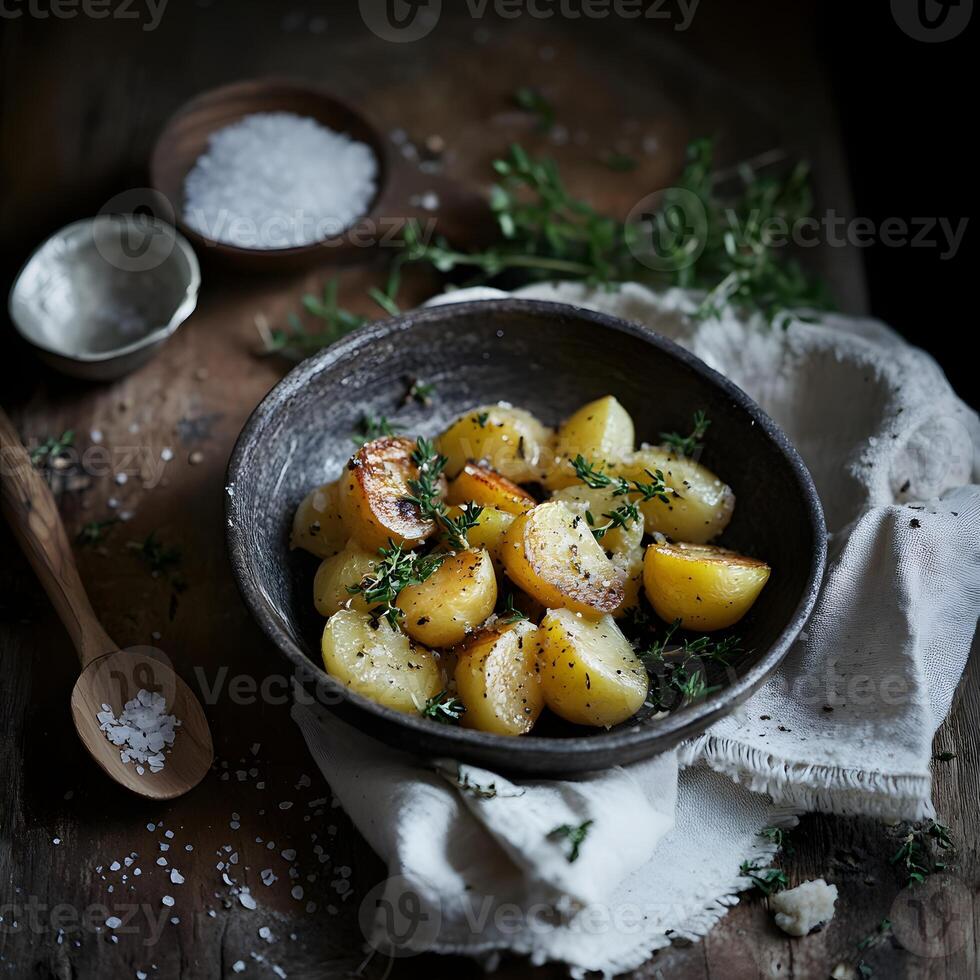 boiled potatoes with thyme and salt, rustic style, selective focus. photo