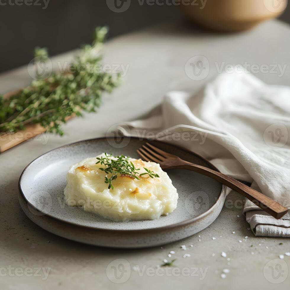 Mashed potatoes with thyme on a gray plate, selective focus. photo